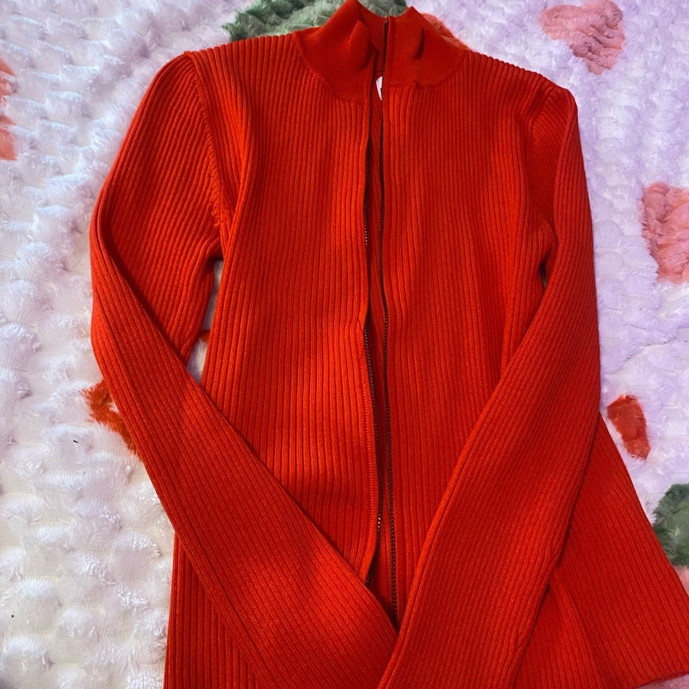 Red Ribbed Zip-Up Sweatshirt